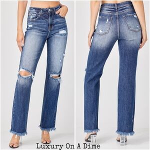 RISEN Torn High-Rise Distressed Jeans Retro Straight Leg Classic Denim Pants
